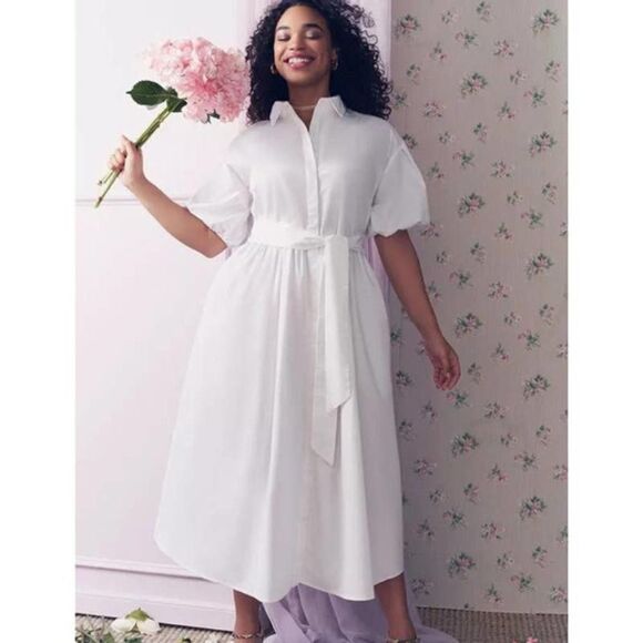 NEW Eloquii white Puff Sleeve Button Down Dress, 16‎ - Picture 1 of 15